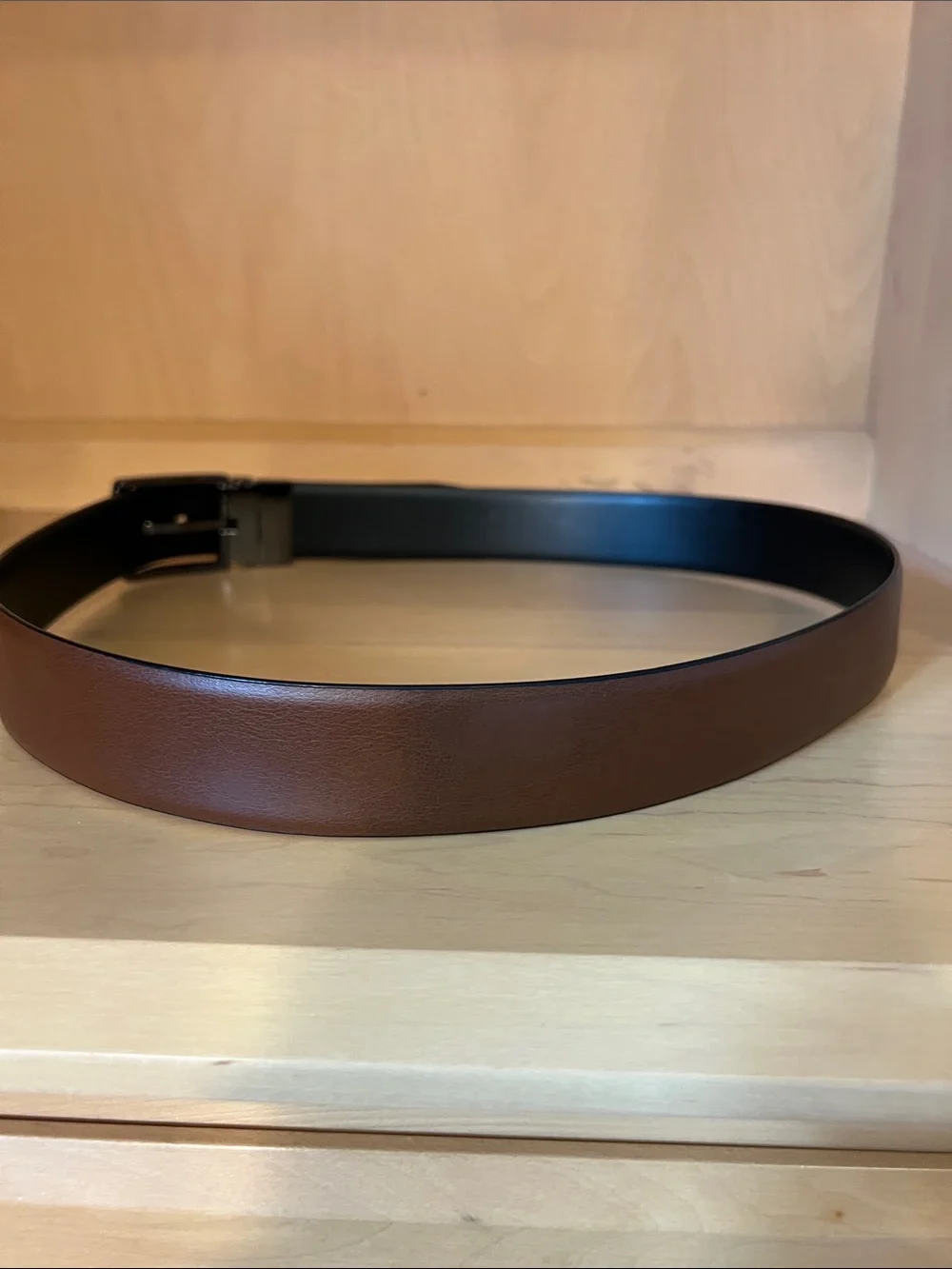 Reversible Black/Brown Leather Dress Belt with Textured Buckle